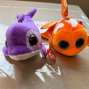 Ty Plush Set with Purple Dolphin and Orange Fish